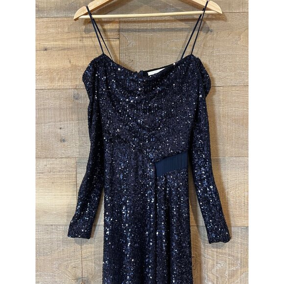 JASON WU COLLECTION Asymmetric navy cold-shoulder sequined chiffon maxi dress Si - Picture 4 of 12